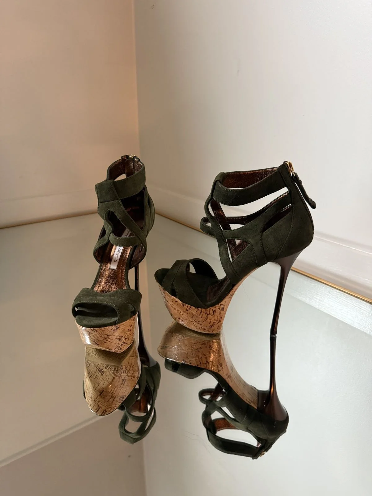 New Custom Olive Green Suede Platform Stiletto Sandals Cross Straps Hollow Back Zipper Design Footwear for Summer Elegance