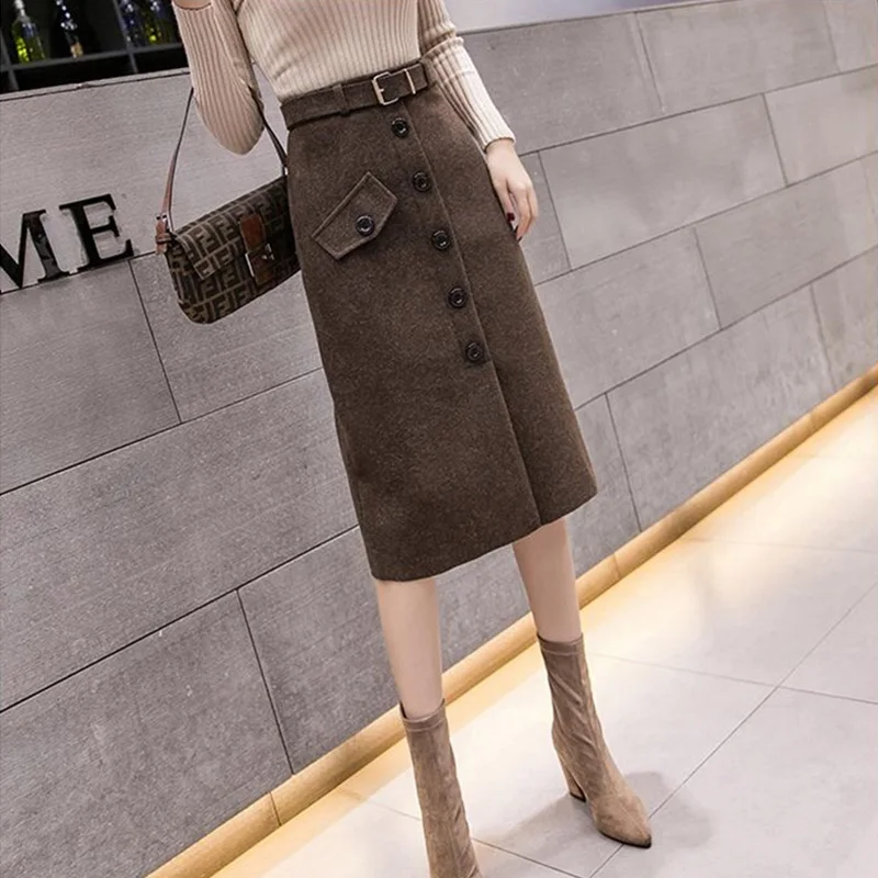 Warm Woolen Winter Skirts Women Korean Fashion Apricot Button Up Luxury Elegant Party Skirt Faldas Para Mujeres Rokjes with Belt