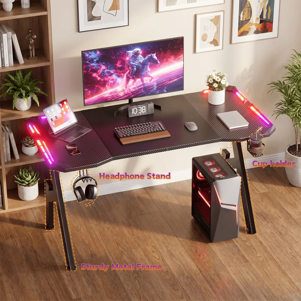 Desk With Carbon Fiber Surface, Large AShaped Computer Table, Ergonomic PC Workstation For Home Office, Home Office Desk With C
