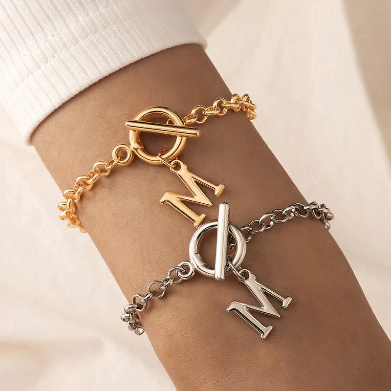 Tocona 1pcs/sets Trendy Letter M Bracelet for Women Gold Color Alloy Metal Hollow Geometric Chain Bohemian jewelry 17443