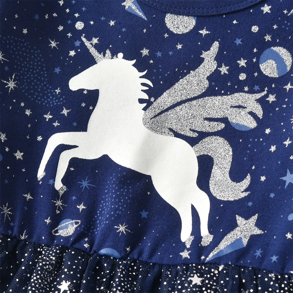 Mädchen Marineblau Sternenhimmel Glitzer Elegantes Tutu Kleid Kleinkinder Kinder Silber Einhorn Rüschen Schultern Fantasie Party Prinzessin Vestidos – Detail 6