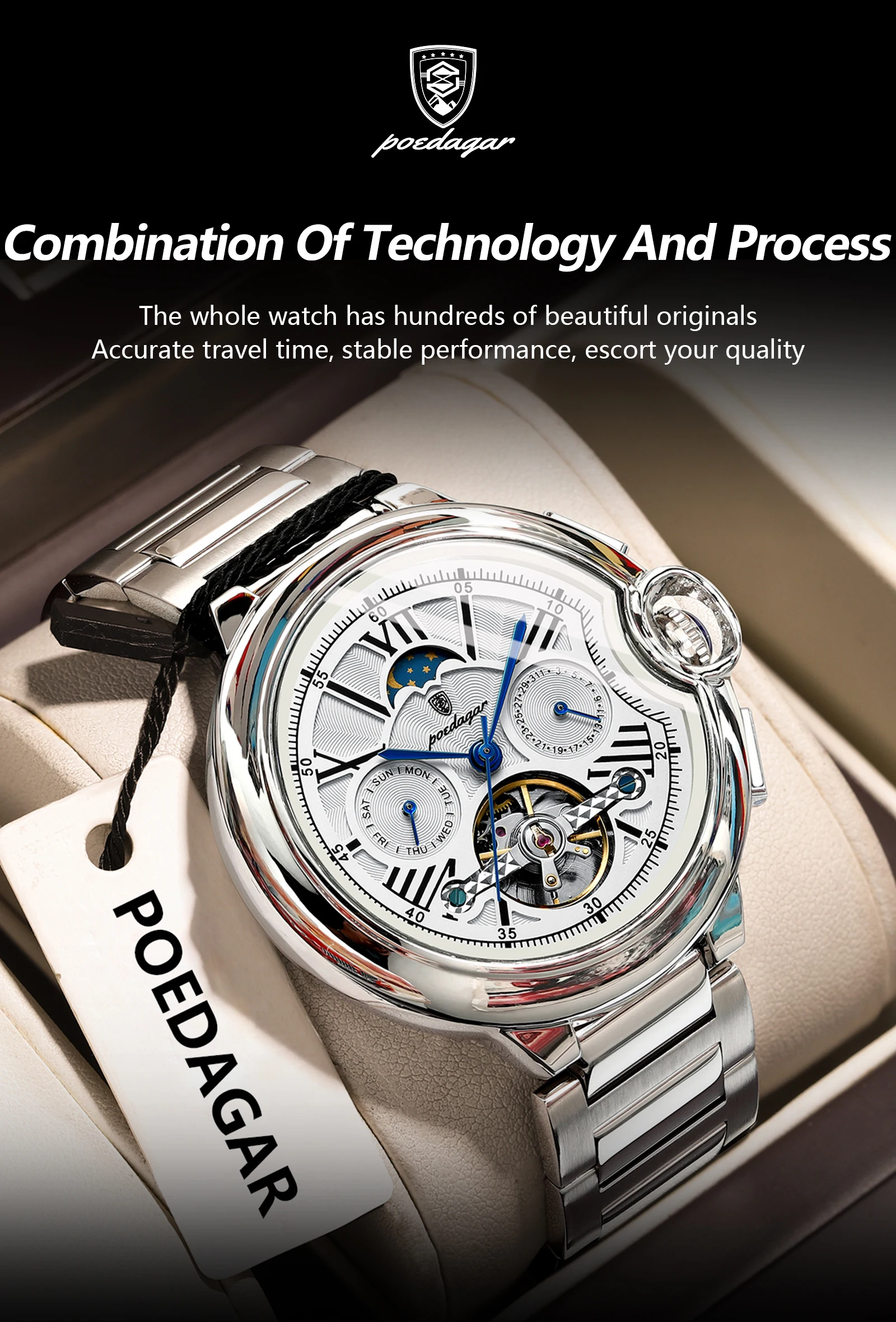 POEDAGAR Luxus Business Männliche Uhr Datum Woche Edelstahl Tourbillon Männer Uhr Wasserdichte Automatische Mechanische herren Uhren – Detail 6