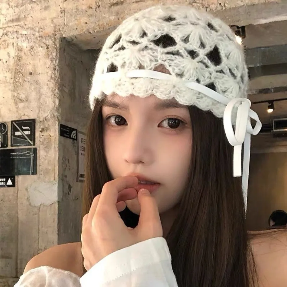 

Fashion Bow Crochet Hollow Knitted Hat Strapped Hollow Out Ethnic Style Hat Korean Handmade Weave Cap Apparel Accessories
