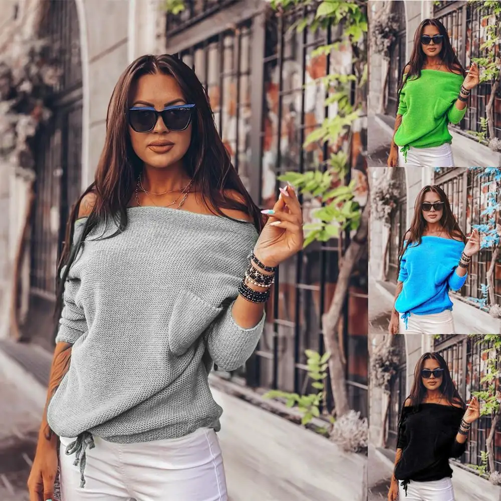 

oulder ket Sweater Casual Sle Women's Midweight Knitwear Casual Faion One-oulder Design with ket Color