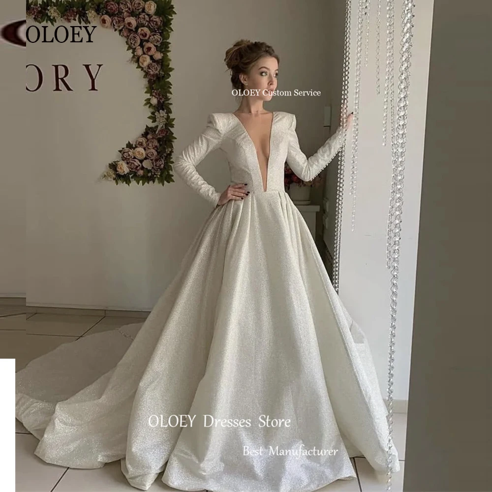 

OLOEY Modest Glitter A Line Wedding Dresses Long Sleeves V Neck Arabic Women Bridal Gowns Buttons Back Court Train