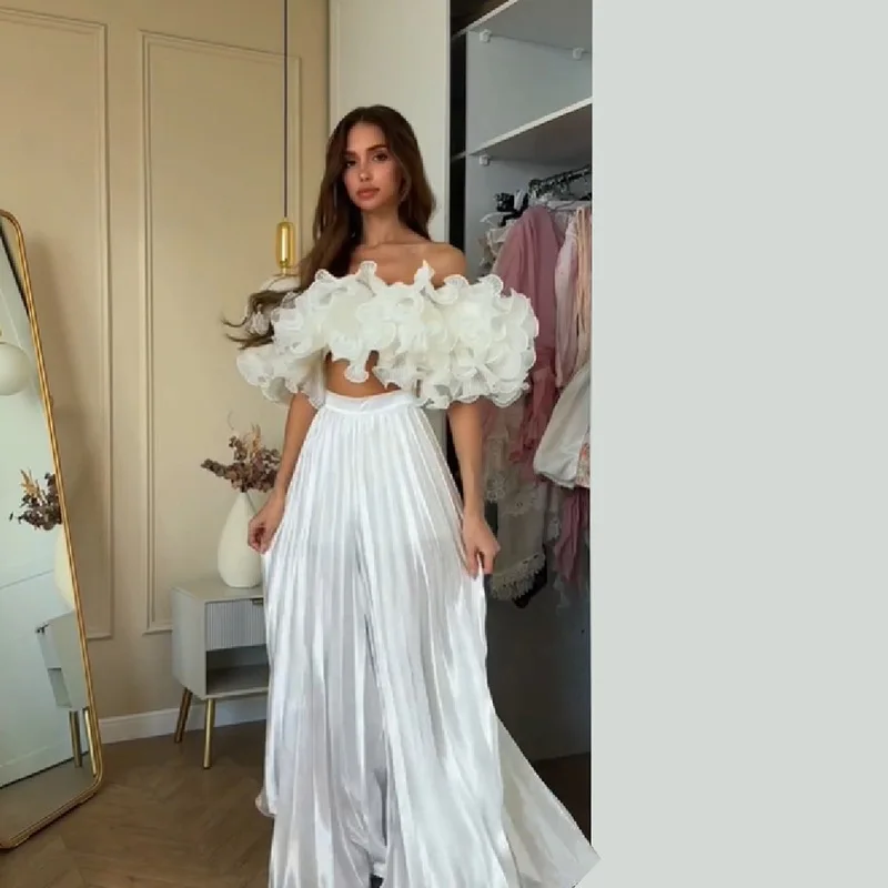 White 3D Floral Off Shoulder Crop Top Organza Ruffle Puff Short Sleeve Strapless Tube Blouse Women Elegant Romantic Blouse Top