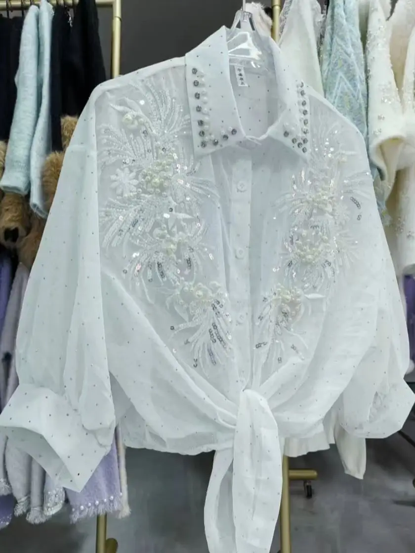 Luxury Diamonds Sequined Sunscreen Blouses Shirts Women 2026 Spring Summer Half Sleeve Shirts Fashion Tops Camisas De Mujer