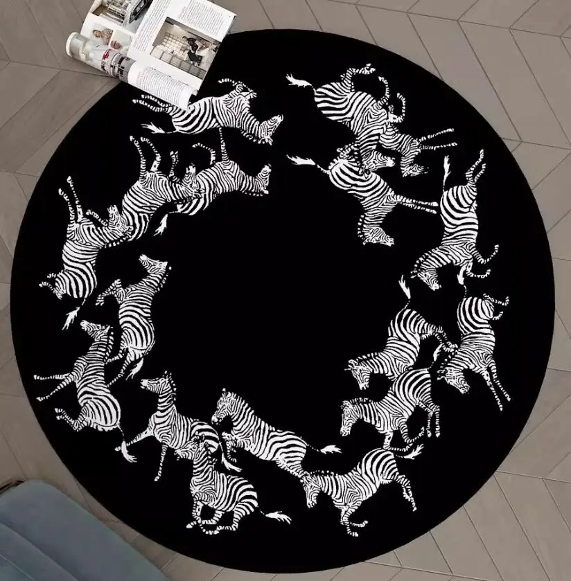 Nordic Thick Fleece Living Room Round Carpet Black White Abstract Zebra Rug Home Decoration Art Animal Bedroom Mats Pad ковер