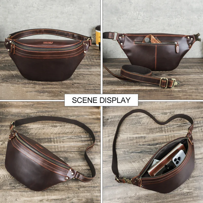 British Style Top Layer Cowhide Crazy Horse Cowhide Large Capacity Multi Functional Genuine Leather Waist Bag Men's Mobile Phone