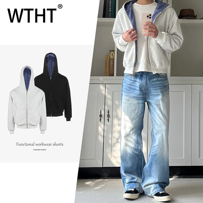 

WTHT Fashion Men's Spliced Plaid Wear Inside Out Design Coats Trendy Hooded Long Sleeves Jackets Male 2025 Autumn 2A2392