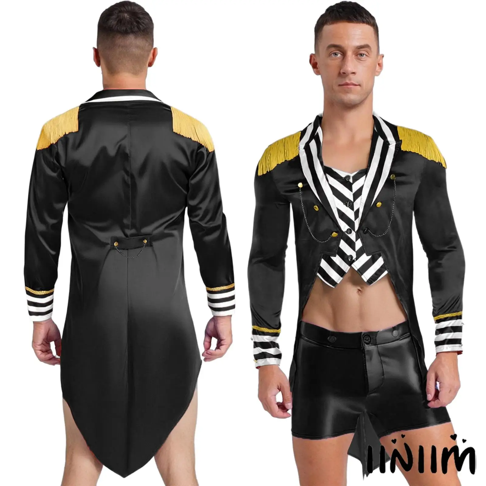 

Men Circus Ringmaster Costume Striped Lapel Collar Long Sleeves Tassel Epaulets Button Satin Tail Coat for Halloween Theme Party