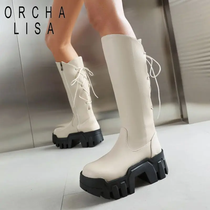 

ORCHA LISA Punk Women Mid Calf Boots Round Toe Block Heels 7cm Platform 5cm Zipper Lace Up Plus Size 42 43 44 Leisure Daily Bota