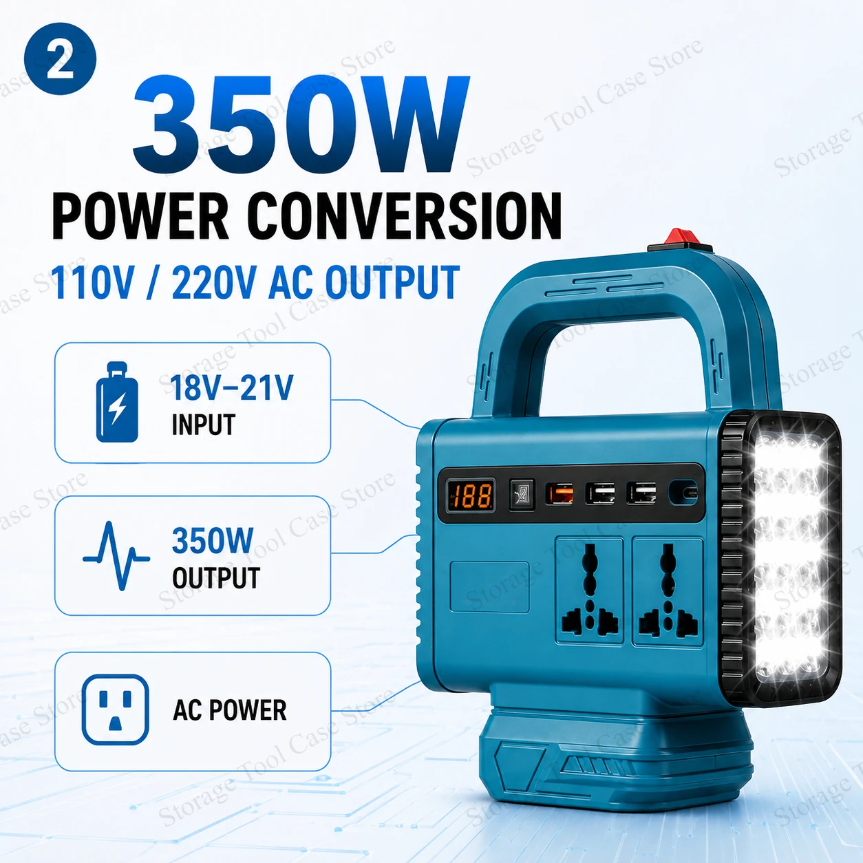 Tragbarer Wechselstrom-Wechselrichter für Makita 18V Lithium-Akku 350W 110V 220V Stromwandler USB Typ-C LED-Lampe für Garage und Außenreparaturen