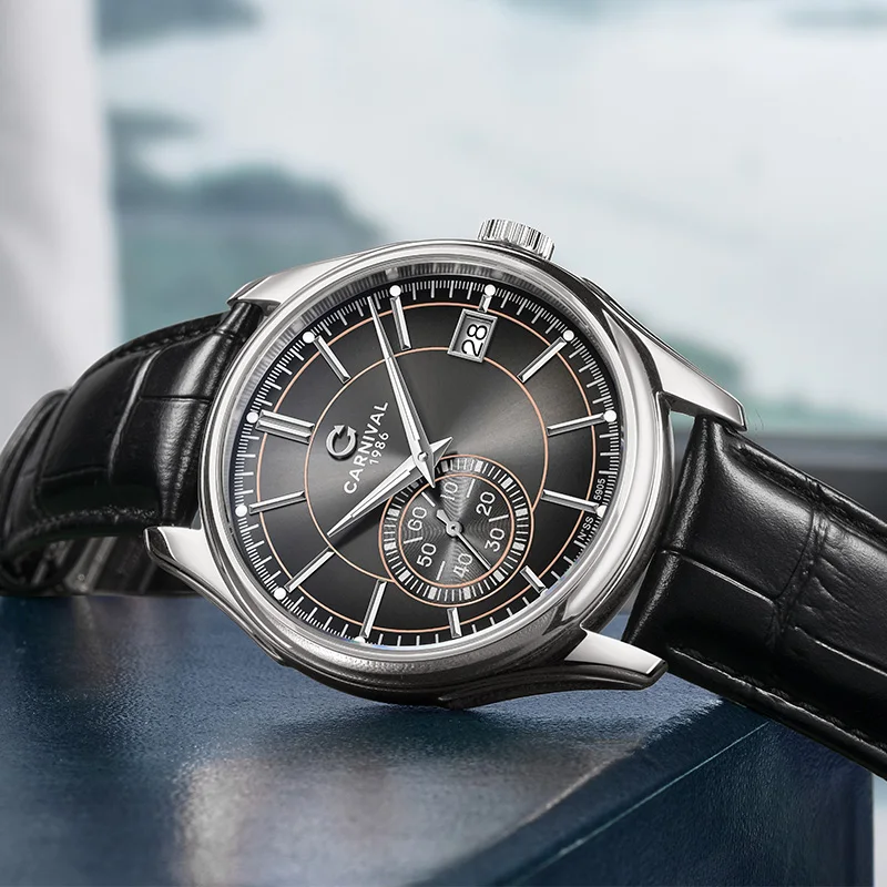 Original CARNIVAL Automatic Watch High Quality Small Seconds Mechanical Watches for Man Sapphire Leather Waterproof Reloj Hombre