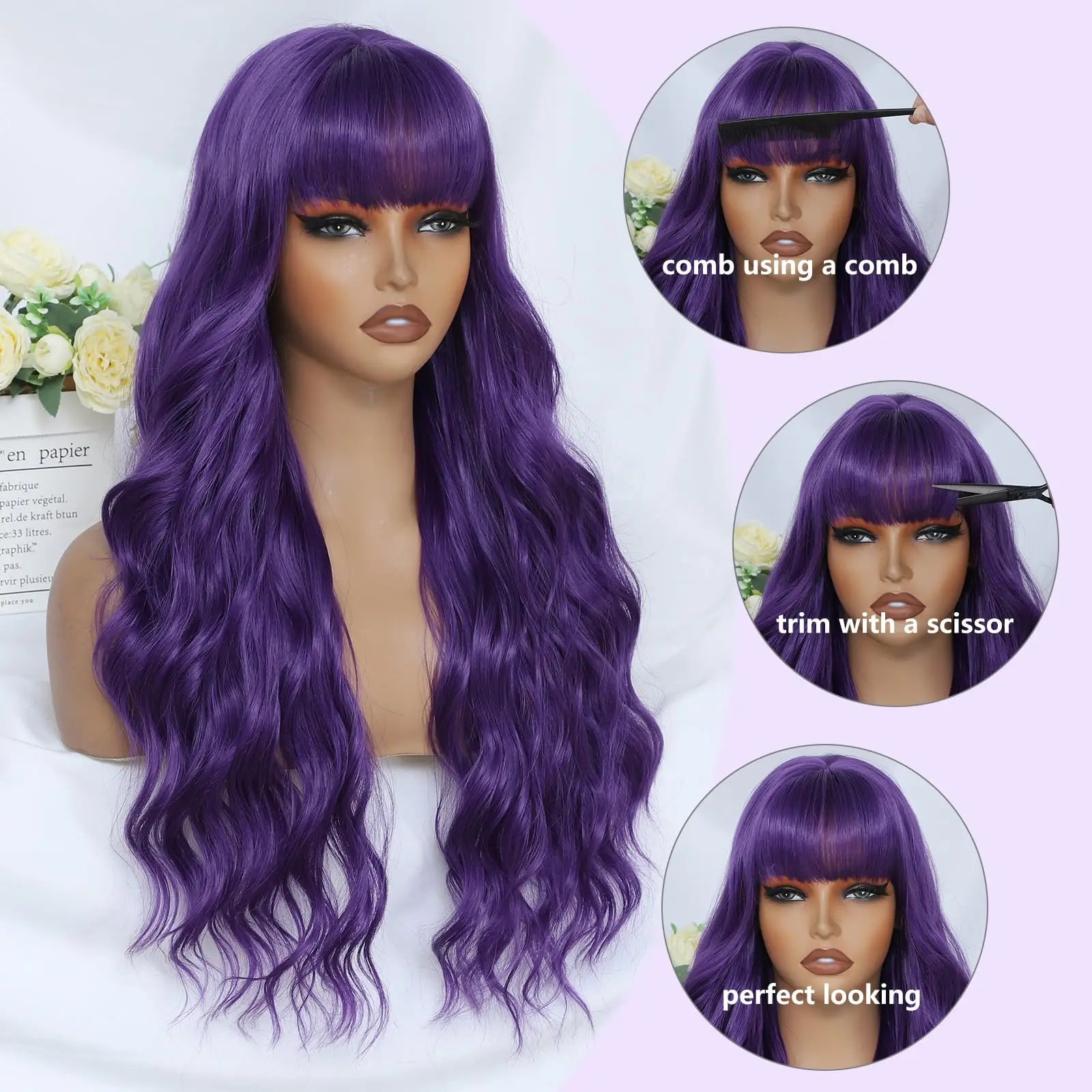 New purple synthetic wig with big waves for party, Halloween cosplay, everyday use, high-temperature hair accessory image 5