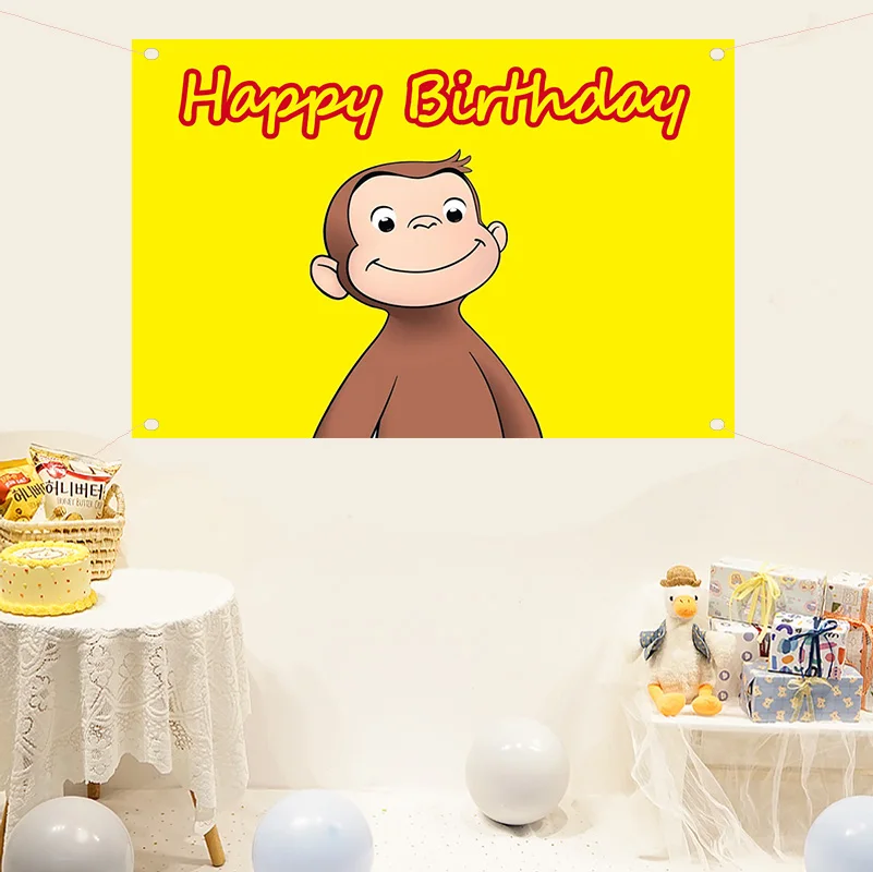 عيد ميلاد سعيد الكرتون جورج قرد خلفية الأطفال الأصفر موضوع التصوير الدعائم الحمام شنقا القماش التخصيص