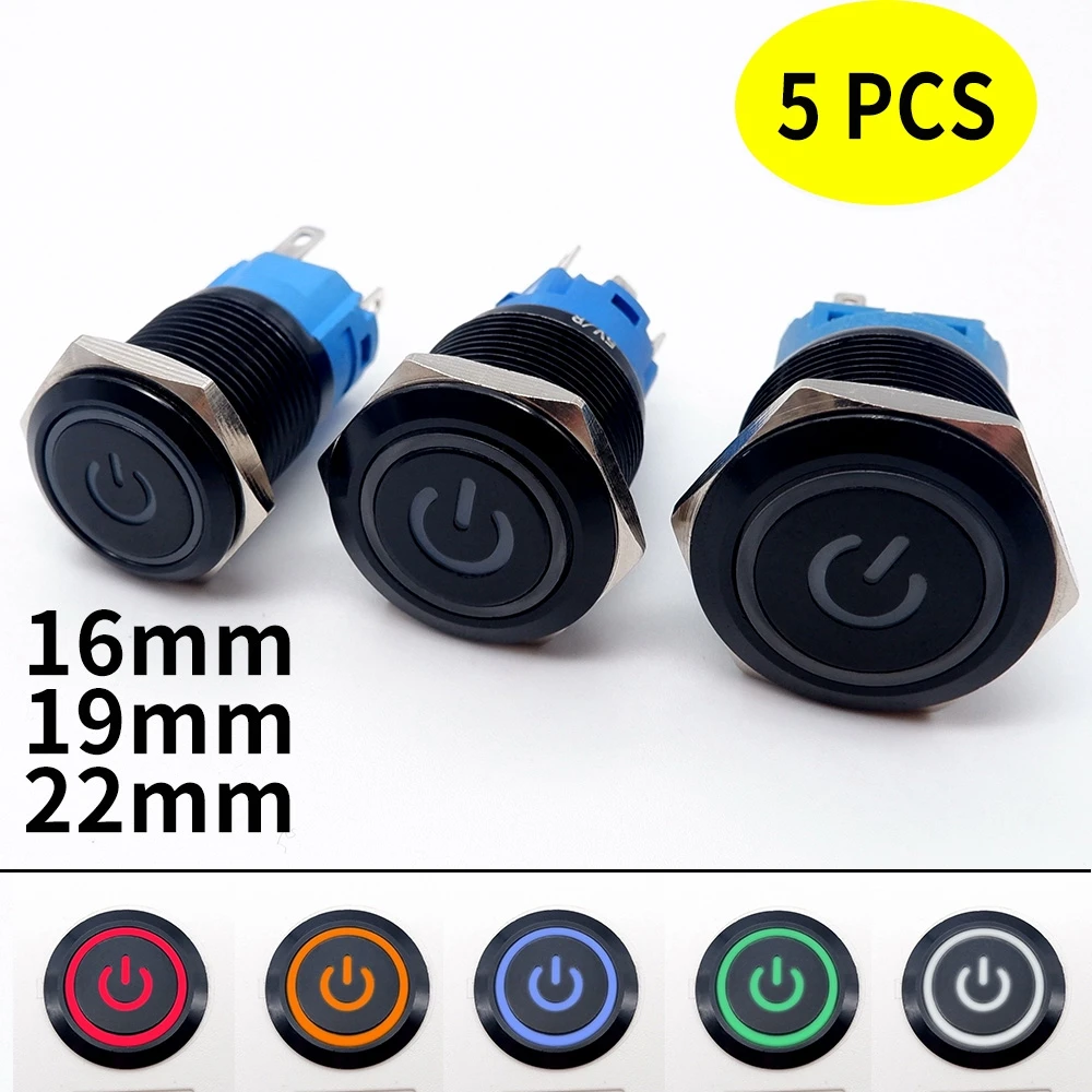 

5PCS 16mm 19mm 22mm Push Button Switch Oxidized Black PC Power Button LED Lights Waterproof Switch Flat Head 12V 24V 110V 220V