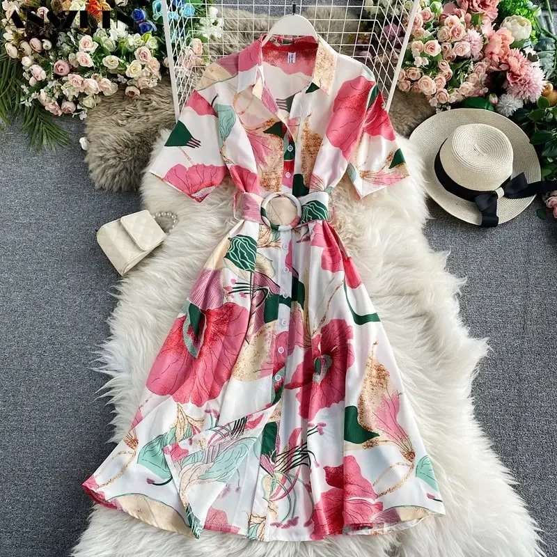 Sommerliches, kurzärmliges Hemdkleid mit französischem Vintage-Print