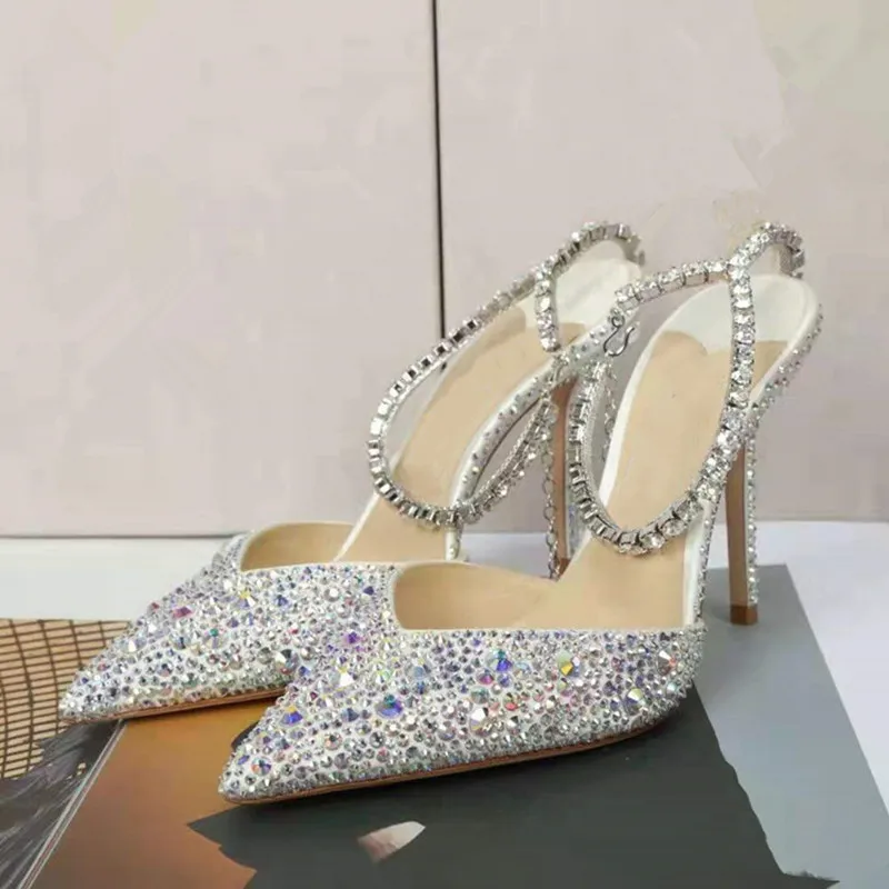 Zapatos de tacón alto de aguja elegantes con correa en el tobillo y lentejuelas con diamantes de imitación de lujo para mujer, zapatos de fiesta de boda de cristal a la moda para primavera y verano