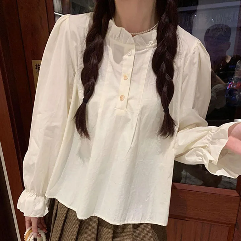 Ruffles Shirts and Blouses Korean Fashion Woman Blouse 2024 Solid Petal Long Sleeve Tops Female Shirt Femme Elegant Clothes Neww