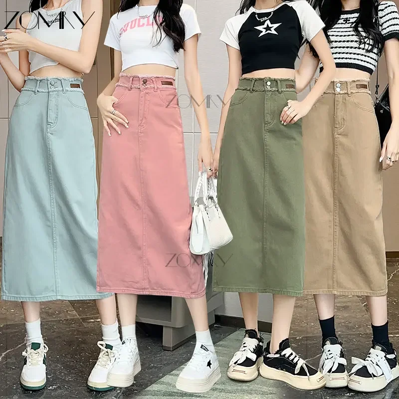 

ZOMRY Split Denim Skirt Women Elegant High Waist Pink Pencil Skirts Female Spring Summer Versatile Commuter Style Denim Skirt