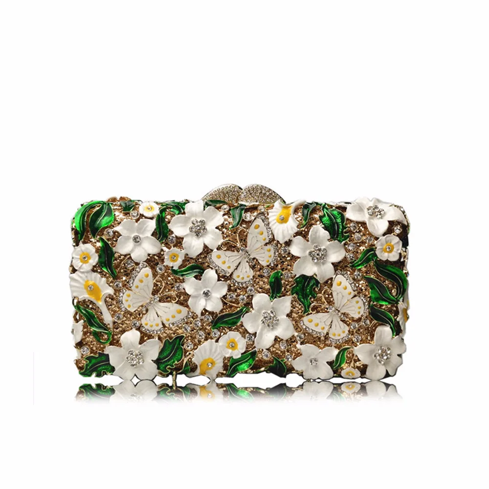 

Oil Drop Flower Rhinestone Empty Metal Crystal Dinner Bag Diamond Clutch Carteras De Mujer De Bolsos Trendy Snap Closure Handbag