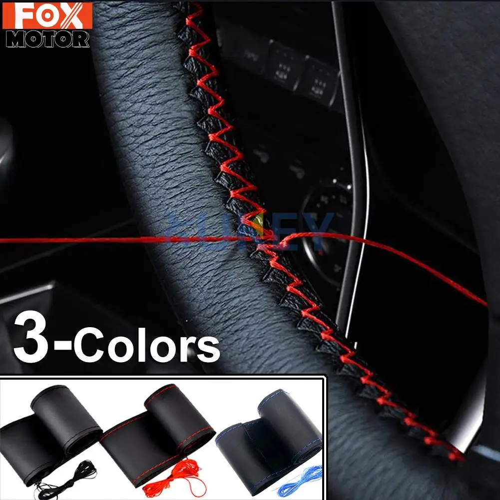 

Black / Red / Blue DIY PU Leather Car Auto Steering Wheel Cover With Needles and Thread Breathable Anti Non Slip Universal 38cm