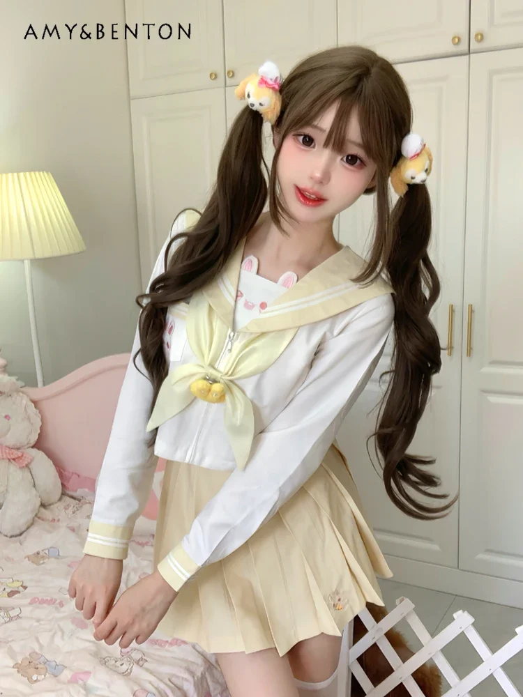 اليابانية نمط Preppy لطيف Jk موحدة الإناث الحلو الكرتون التطريز آذان أرنب البحرية طوق قميص مطوي تنورة قطعتين مجموعة