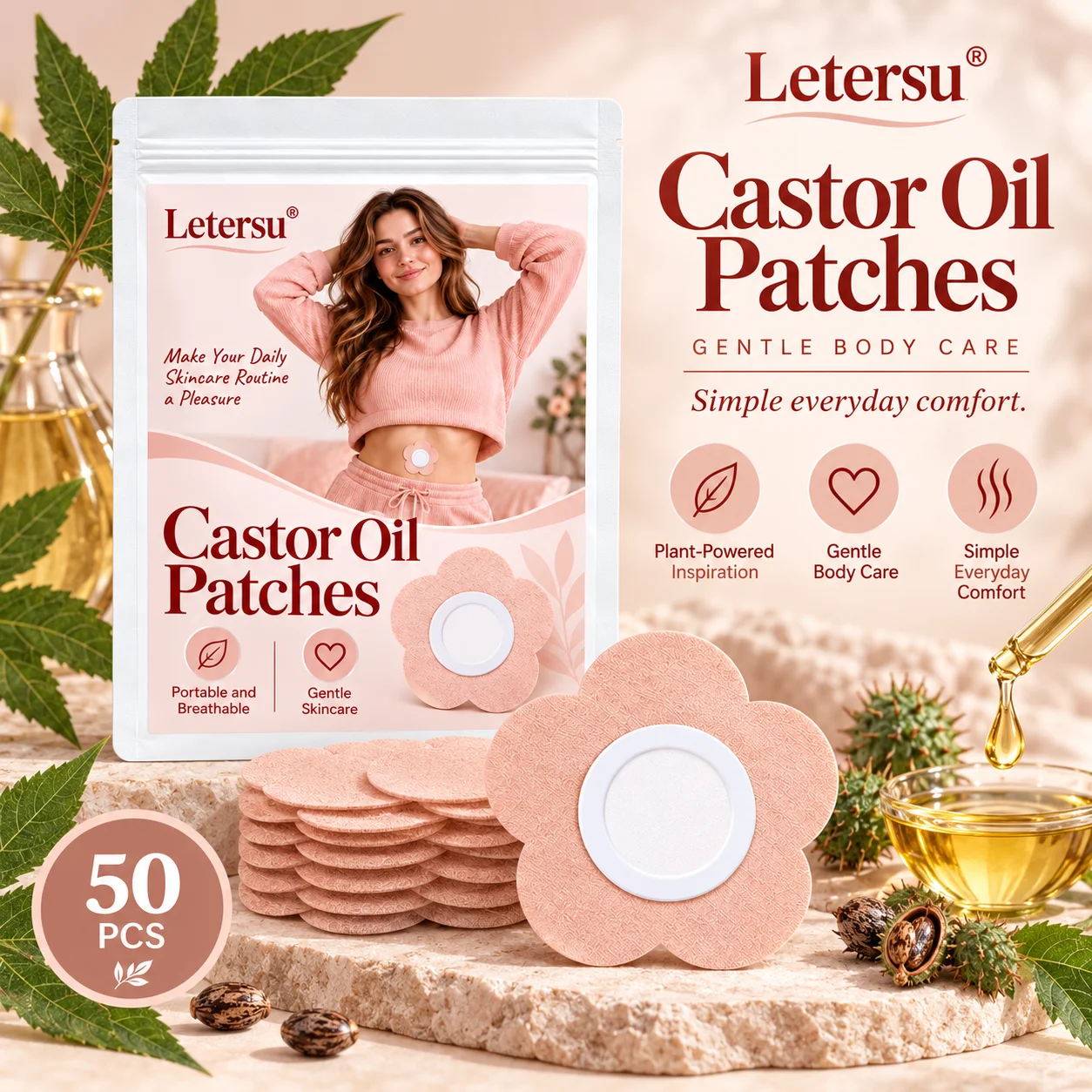 50PCS Castor Oil Patches for Belly Button, Flower Shaped Navel Pads, Breathable Body Care Stickers for Daily Use
