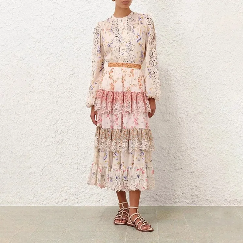 

Cotton 2025 Spring Summer New Floral Print Embroidery Cascading Layered Ruffles Frilled White Women Blouse and Midi Skirt Set