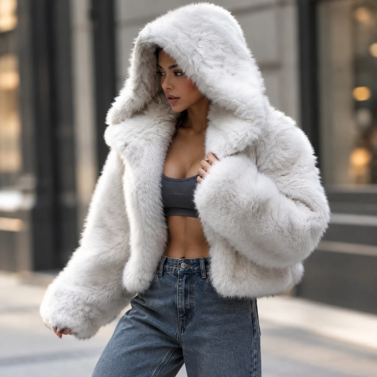 Long Sleeve Top Hooded Cropped Urban with Regular Sleeve 3D Short Hooded Jacket Short Length Stand Collar Autumn Women Coat