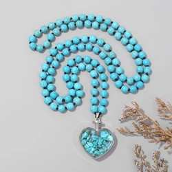 8MM Blue Turquoise Beads Knotted Necklace Boho Mala Beaded Meditation Yoga Prayer Necklaces Tassel Jewelry for Women Men Gift