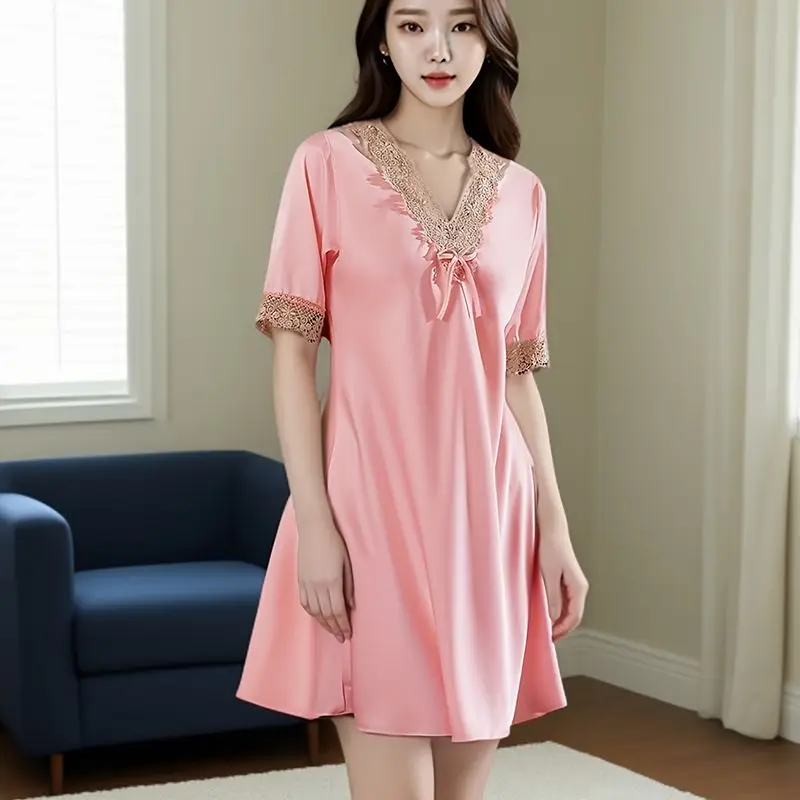 Sexy Nightgowns Women Lace Embroidery Short Sleeve Mini 4XL Solid French Style Tender Cozy Home Sleepwear Temperament Summer