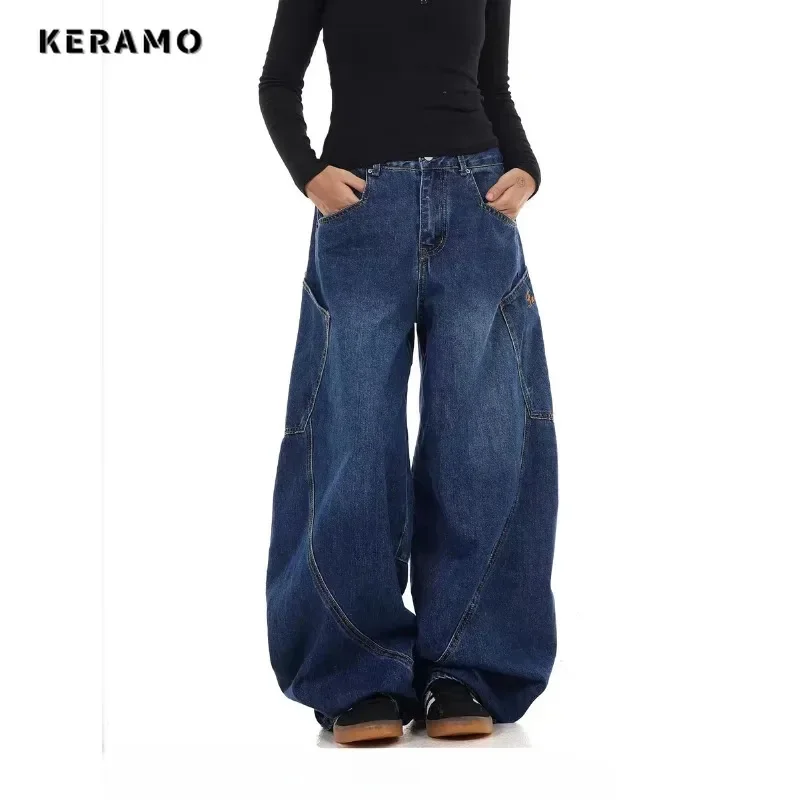 Women's Casual Retro Emo Denim Trouser Harajuku Solid High Waist Loose Jeans 2024 Winter Wide Leg Baggy Y2K 2000s Blue Pants