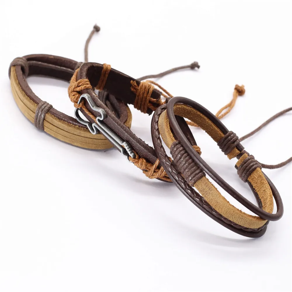 3 Pcs/set Vintage Khaki Punk Guitar Tree Cross Feather Charm Men Genuine Leather Bracelets For Women Homme Jewelry