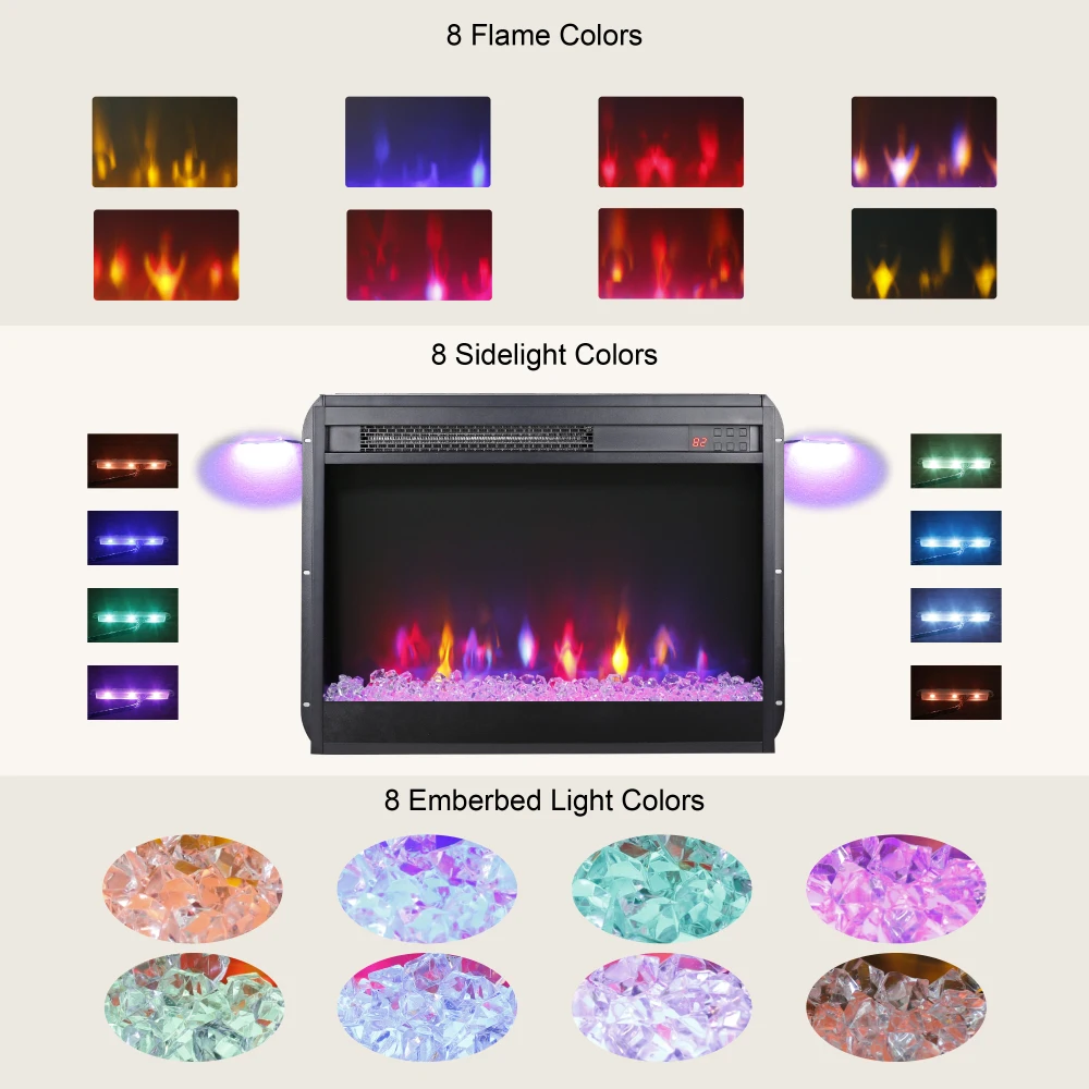 Inserto de chimenea eléctrica de 23 pulgadas, calentador ultradelgado, cristal, llama realista, Control remoto, temporizador, protección contra sobrecalentamiento, luz lateral