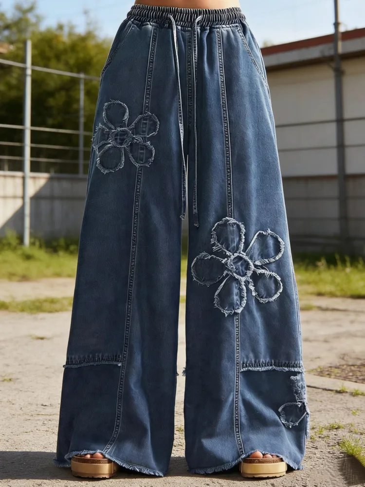 ANJY Spring Autumn New Women Trendy Design Flower Patchwork Drawstring Elastic Waist Loose Jeans Ins Wide Leg Denim Pants A25407
