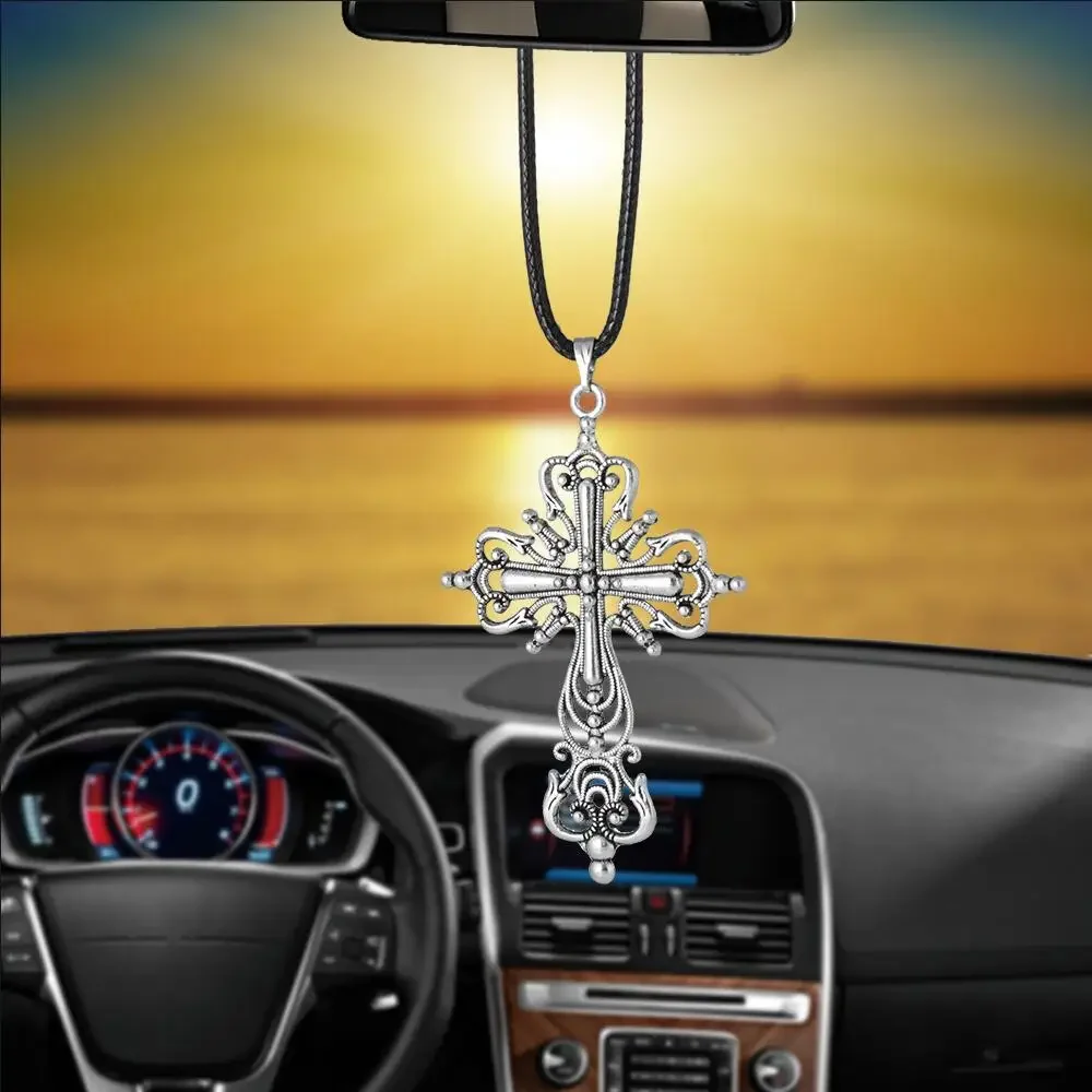 Car Ornament Pendant Metal Cross Jesus Christian Car Rear View Mirror Hanging Car Styling Accessories Auto Decoration Gifts