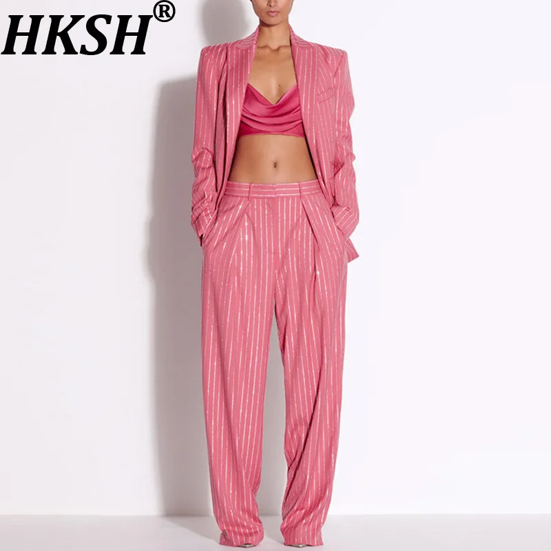 

HKSH Autumn New Women Two-piece Suit Set Single Button Studded Diamonds Pockets Elegant Fashion Blazer High Street Pants HK11836