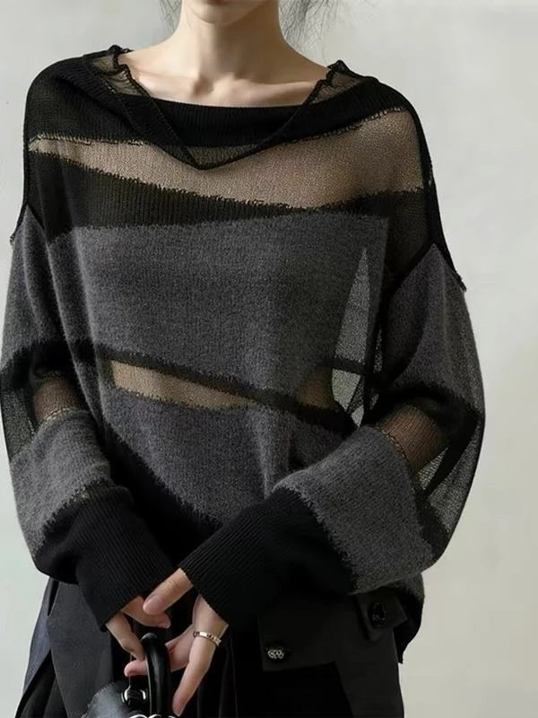 

Korean Style Hollow out Knitted Top Women Loose Fit Mesh Splice Spring Unique Design Lazy Style Long Sleeve round Neck Shirt