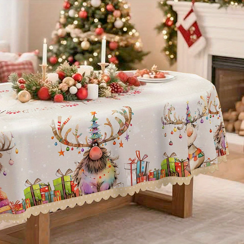 Christmas tablecloth, white and beige decoration, reindeer and Christmas tree pattern, contemporary style, art style, round