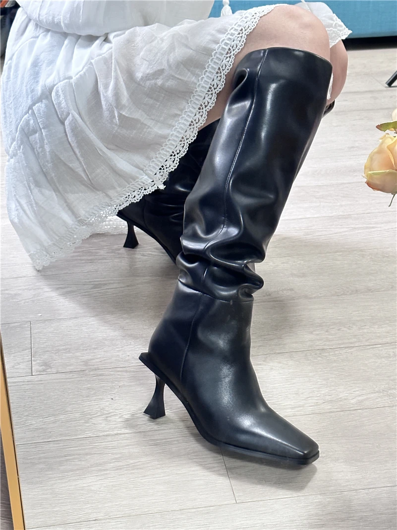 Meotina Women Genuine Leather Knee High Boots Square Toe Thin High Heels Pleated Long Boot Ladies Fashion Shoes Autumn Winter 43