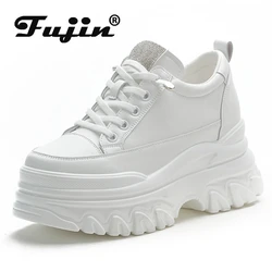 Fujin 9cm High Heel Genuine Leather Women Shoes Chunky Sneakers Wedge Platform Shoes Summer Women Breathable Comfy Footwear