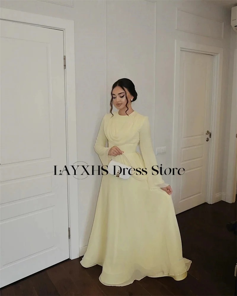 LAYXHS สีเหลืองเรียบง่าย O-คอชุดราตรี A-Line แขนยาวจีบผู้หญิงชุดราตรีที่กําหนดเอง FBسات