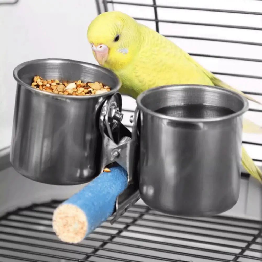 Stainless Steel Parrot Feeder Dual Cup with Clip
