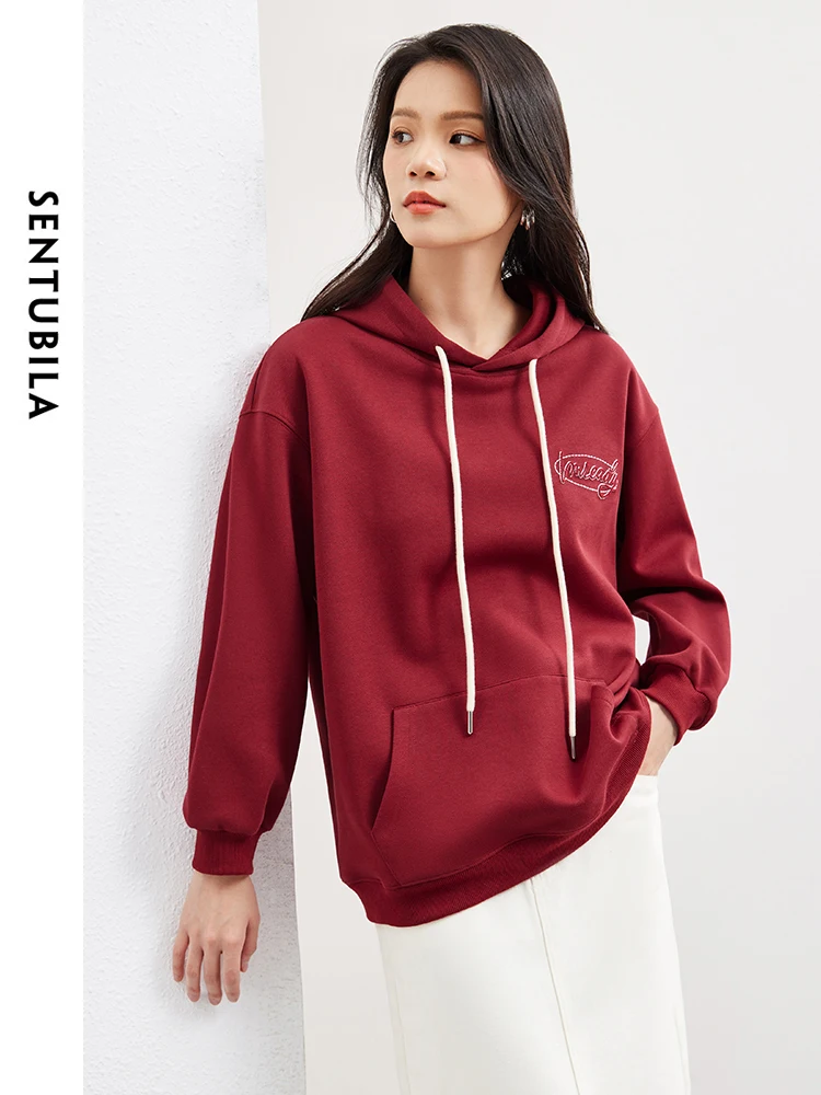 SENTUBILA Red Embroidery Casual Loose Woman Hoodies Pullover Drawstring Hooded Sweatshirt 2024 Spring Long Sleeve Tops W41A53564