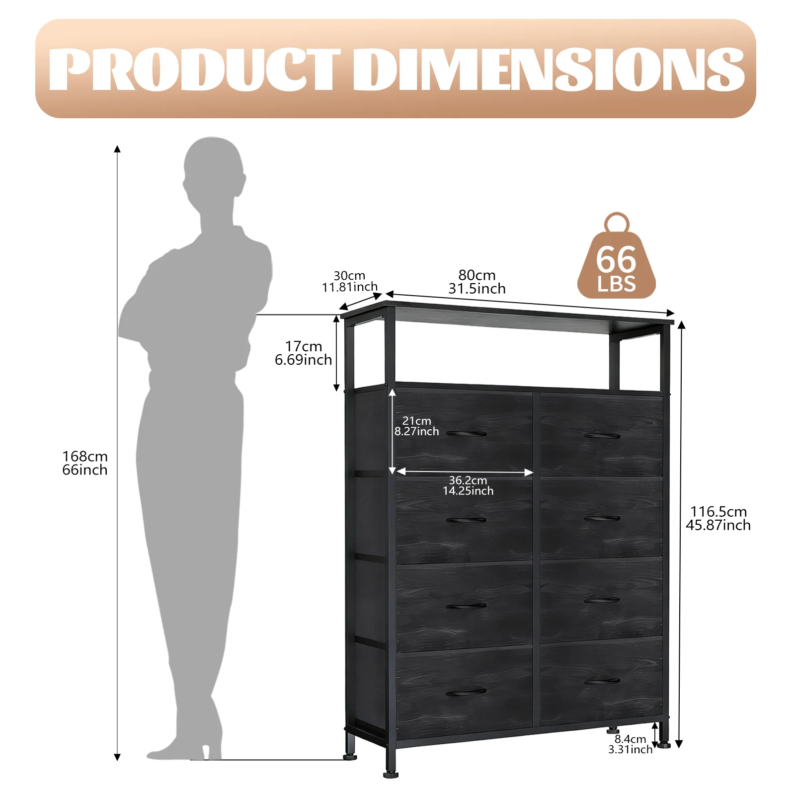 MCQ Living Room Wooden Top TV Stand 8 Fabric Drawers Cabinet with Charging Station Raised Shelf Storage Display Furniture
