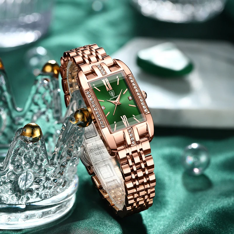 

Luxury Square Womens Watch Waterproof Brand Diamond Stainless Steel Bracelet Quartz Ladies Watches Green Clock Relogios POEDAGAR