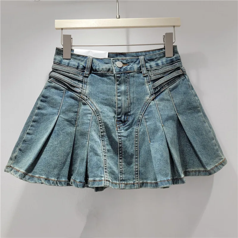 WTHT Nieuwe Mode vrouwen Doen Oude Wassen Denim Mini Rokken 2025, Lente Trendy Hoge Taille A-lijn Rok Vrouwelijke 1LS1229
