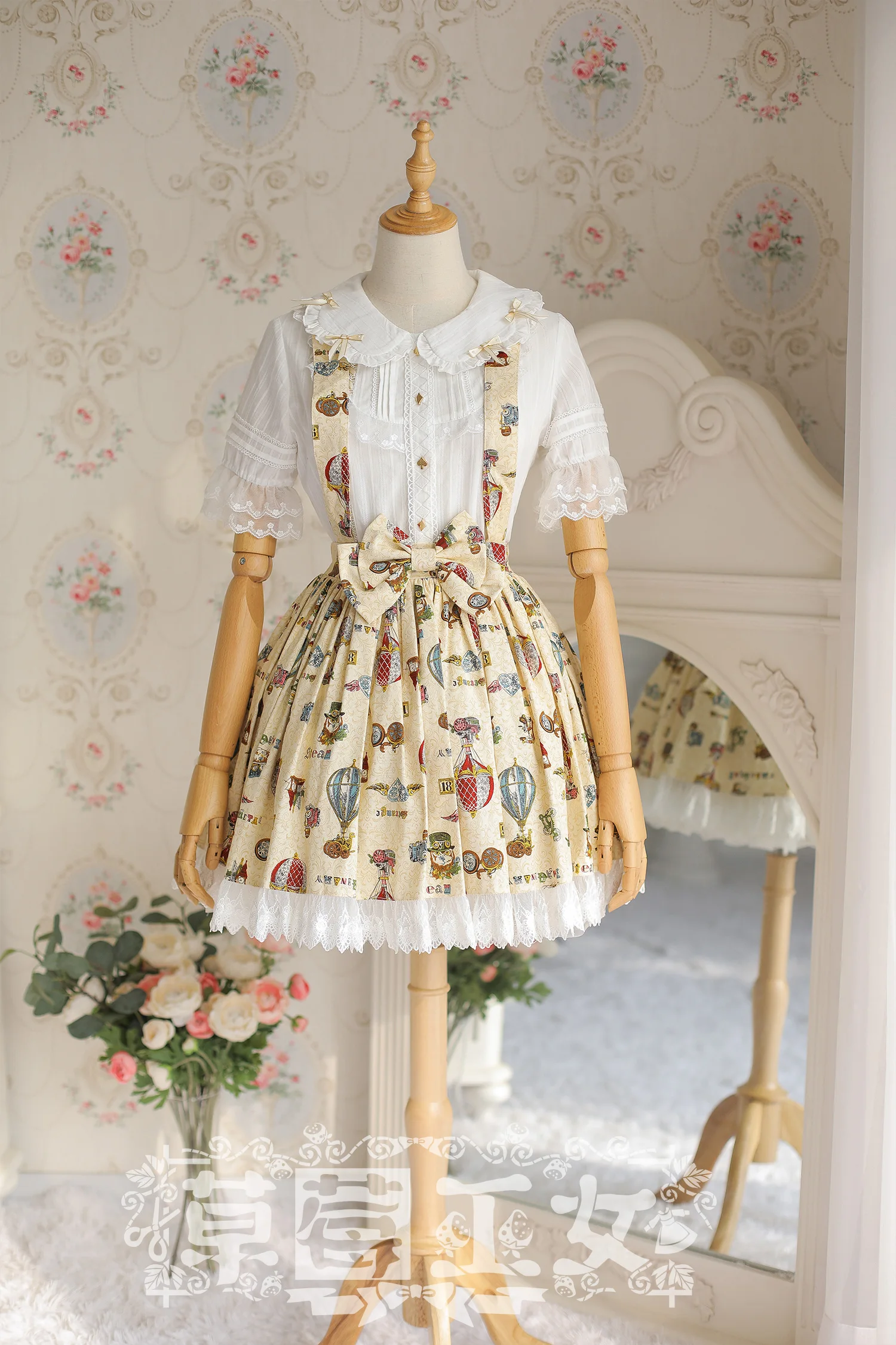 Japanese Style Sweet Cute Girl Lace Splicing Print High Waist Bow A-line Pleated Strap All-match Lolita Mini Skirt Women Summer